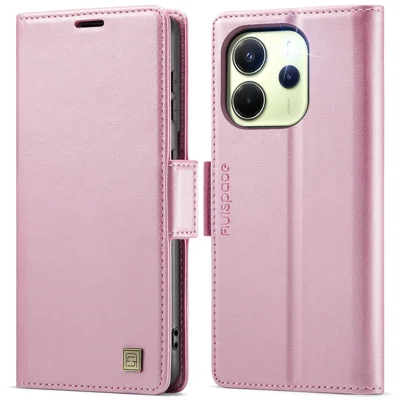 AUTSPACE For Xiaomi Redmi Note 14 4G (163.25mm) Case  A11 RFID Blocking Retro Leather Cell Phone Wallet Cover - Pink