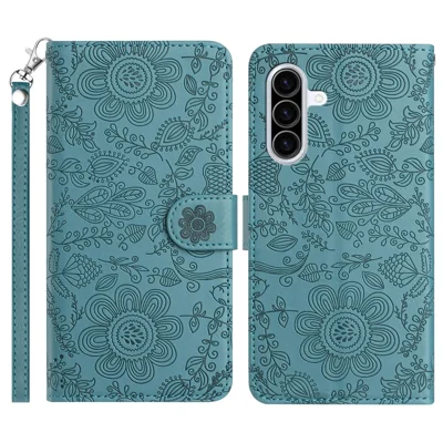For Samsung Galaxy A56 5G Case Flower Imprint Leather Flip Wallet Phone Cover with Wrist Strap - Blackish Green