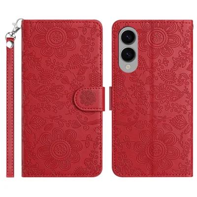 For Samsung Galaxy S25 Edge Case Flower Imprint Leather Flip Wallet Phone Cover with Wrist Strap - Red