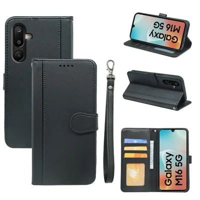 For Samsung Galaxy M16 5G  /  F16 5G Wallet Case Magnetic Snap Leather Phone Cover with Strap - Black