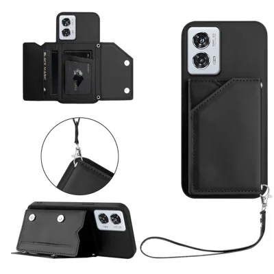 For Motorola Edge 50 Fusion 5G Case Card Holder Kickstand Skin-Touch Phone Cover with Wrist Strap - Black