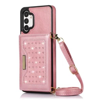 For Samsung Galaxy A04 4G (164.4mm) / A04s 4G (164.7mm) RFID Blocking Case PU Leather TPU Phone Cover with Lanyard - Rose Gold