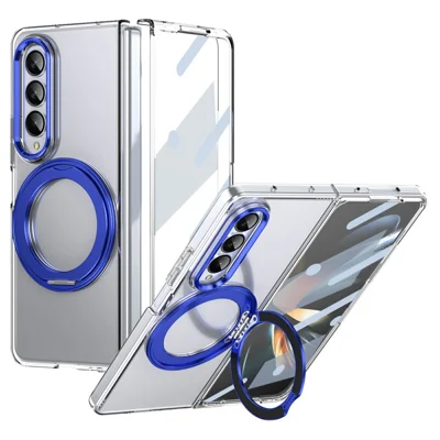 For Samsung Galaxy Z Fold3 5G Case Magnetic Kickstand Clear PC Phone Cover with HD Screen Film - Blue
