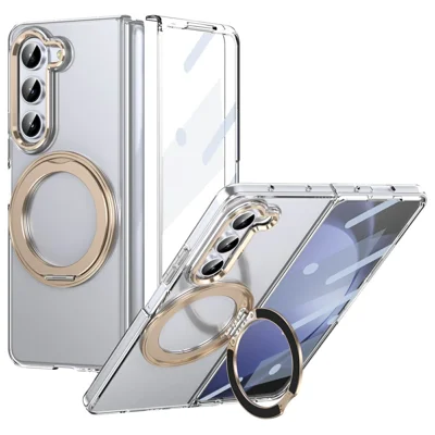 For Samsung Galaxy Z Fold5 5G Case Magnetic Kickstand Clear PC Phone Cover with HD Screen Film - Desert Gold
