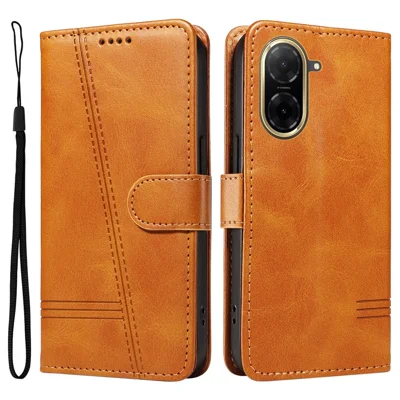 For Xiaomi Redmi A5 NFC (EU) (173.45mm) Wallet Case T-Shape Lines Leather Phone Cover Stand - Brown