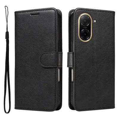 For Xiaomi Redmi A5 NFC (EU) (173.45mm) Leather Wallet Case with Strap Solid Color Phone Stand Cover - Black