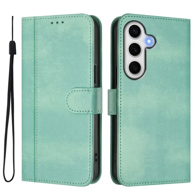 For Samsung Galaxy S24 FE Cases Wallet Stand Retro Texture Leather Phone Cover with Lanyard - Mint Green