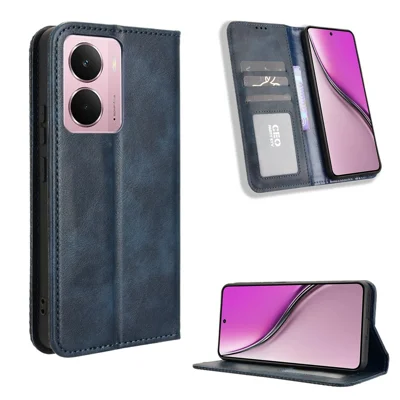 For Realme Neo7x 5G / Realme 14 5G / Realme P3 5G Retro PU Leather Case Phone Wallet Stand Cover - Blue