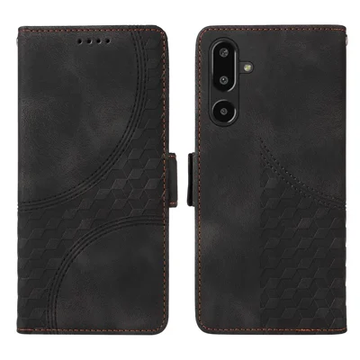 For Samsung Galaxy F16 5G / Galaxy M16 5G Leather Cases Wallet Rhombus Imprinted Phone Cover Stand with Strap - Black