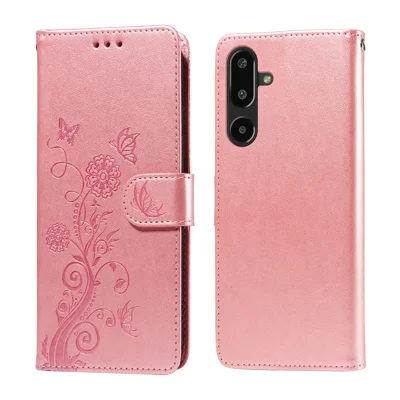 For Samsung Galaxy F16 5G / Galaxy M16 5G Leather Case Butterfly Floral Imprint Wallet Stand Cover - Pink