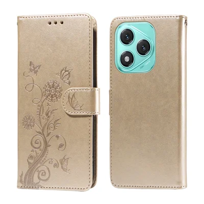 För Honor X70i / 400 Lite 5G Läderfodral med Inpräntat Butterfly- och Blommönster Ståndfodral med Plånbok - Guld