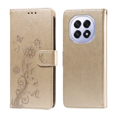 For Oppo A5 5G / Oppo F29 5G Leather Case Butterfly Floral Imprint Wallet Stand Cover - Golden