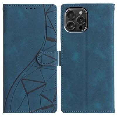 For iPhone 15 Pro Case Wallet Stand Imprinted Triangle Pattern Leather Phone Flip Cover - Blue