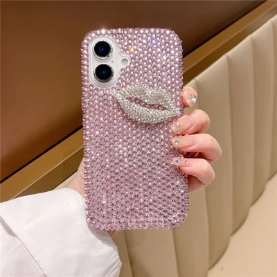 For iPhone 16 Plus Case Full Rhinestone Lip Decor TPU + PC Phone Back Cover - Pink