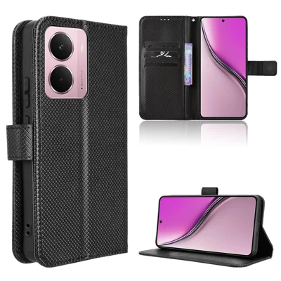 For Realme Neo7x 5G / Realme 14 5G / Realme P3 5G Leather Wallet Case with Strap Diamond Texture Phone Cover - Black