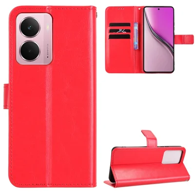 For Realme Neo7x 5G / Realme 14 5G / Realme P3 5G PU Leather Case with Strap Crazy Horse Texture Phone Wallet Cover - Red