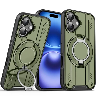 Bulk Purchasing For iPhone 16 Plus Case Compatible with MagSafe Rotating Ring Kickstand PC + TPU Shockproof Phone Cover - Green