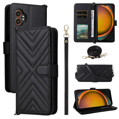 For Samsung Galaxy XCover7 Pro Wallet Case with Shoulder / Wrist Strap Leather Phone Cover Stand - Black