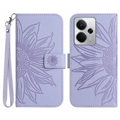 For Realme 14 5G  /  P3 5G Case Sunflower Imprint Leather Wallet Phone Cover with Wrist Strap - Light Purple