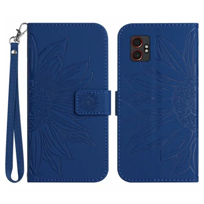 For Samsung Galaxy XCover7 Pro Case Sunflower Imprint Leather Wallet Phone Cover with Wrist Strap - Sapphire