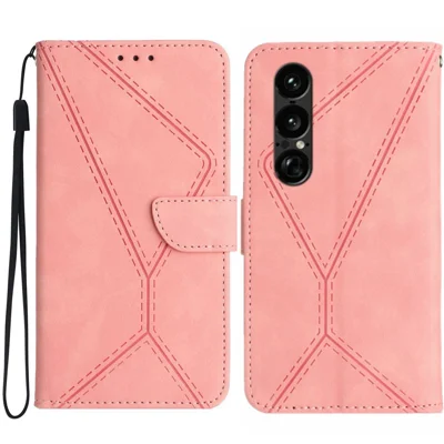 Obudowa do Sony Xperia 1 VII, obudowa typu flip z imitacji skóry PU z nadrukiem linii, w dotyku jak skóra, różowa