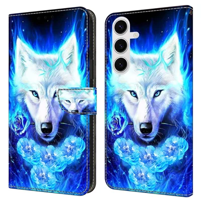 Voor Samsung Galaxy S25 Leren Hoesje met Patroonbedrukking Portemonnee Stand Flip Telefoonhoes - Witte Wolf