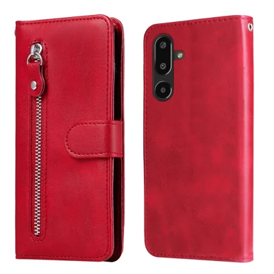 For Samsung Galaxy F16 5G / Galaxy M16 5G PU Leather Cases with Zipper Pocket Wallet Phone Cover Stand - Red