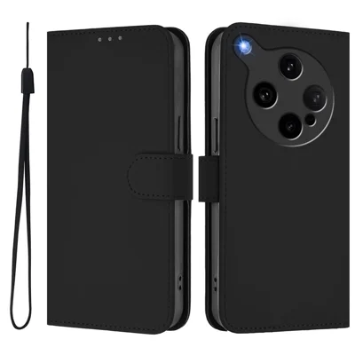 For Oppo Find X8 Ultra 5G Case Solid Color Wallet Leather Phone Cover with Strap - Black