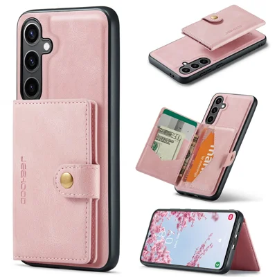 For Samsung Galaxy S25 Case JEEHOOD J01 Retro Læder Telefon Bagdæksel med Aftagelig Magnetisk Kortholder - Pink