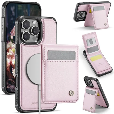 JEEHOOD For iPhone 15 Pro Leather Back Cover Compatible with MagSafe  J06 Phone Case with Card Bag RFID Blocking - Pink