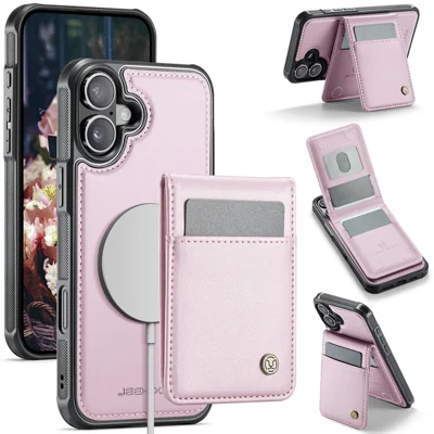 JEEHOOD For iPhone 16 Plus Leather Back Cover Compatible with MagSafe  J06 Phone Case with Card Bag RFID Blocking - Pink