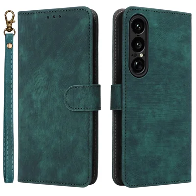 Obudowa portfelowa z funkcją blokowania RFID, z folią z syntetycznej skóry PU, podstawką i paskiem na rękę dla Sony Xperia 1 VII - Zielony