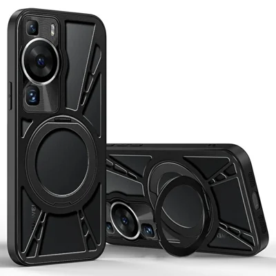 For Huawei P60 / P60 Pro Case Magnetic Kickstand Hollow Heat Dissipation Silicone + PC + Metal Bumper Phone Cover - Black