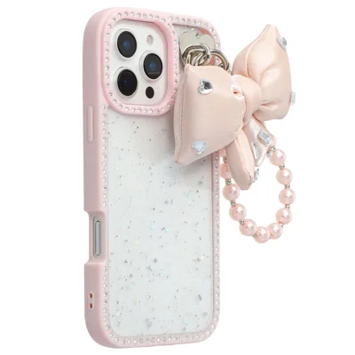 For iPhone 16 Pro Max Case Glitter Epoxy Design TPU + PC Phone Back Cover with Bow Strap, Rhinestone Decor - Pink