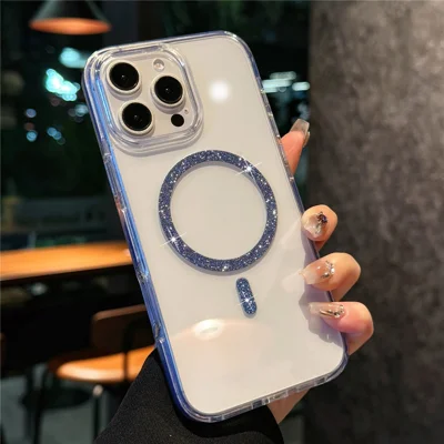 For iPhone 16 Pro Case Compatible with MagSafe Glitter Ring TPU + Acrylic Clear Phone Cover Airbag Protection - Blue