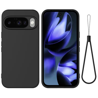 For Google Pixel 10 Case Liquid Silicone Phone Back Cover with Hand Strap - Black