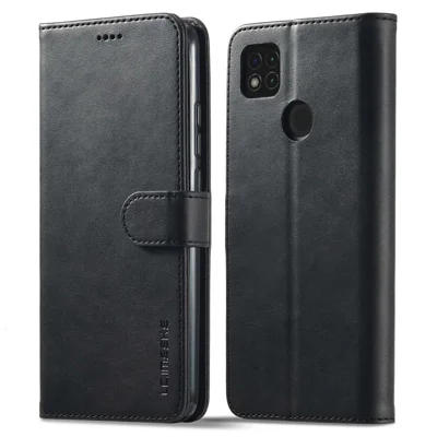LC.IMEEKE voor Xiaomi Redmi 9C / 9C NFC met stevige magnetische sluiting portemonnee hoesje met kalfsstructuur PU leer standaard hoes - Zwart