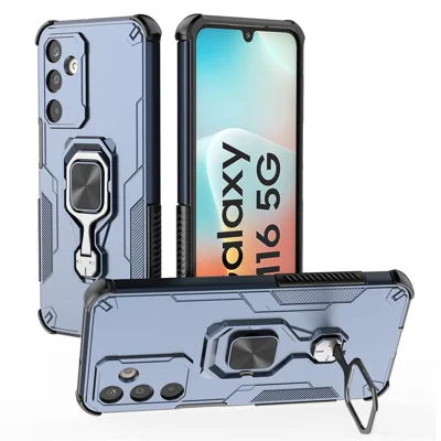 For Samsung Galaxy M16 5G Case Rotatable Ring Kickstand PC + TPU Shockproof Phone Cover - Navy Blue