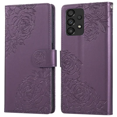For Samsung Galaxy A33 5G Case Rose Flower PU Leather Wallet Phone Cover with 3 Card Slots - Dark Purple