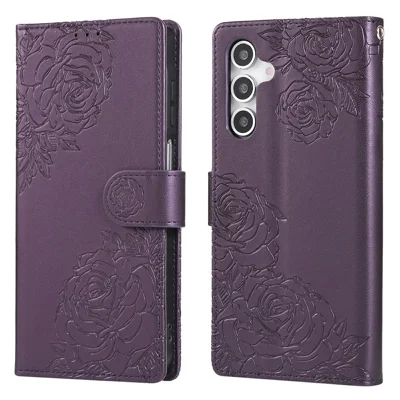 For Samsung Galaxy A14 4G / 5G Case Rose Flower PU Leather Wallet Phone Cover with 3 Card Slots - Dark Purple