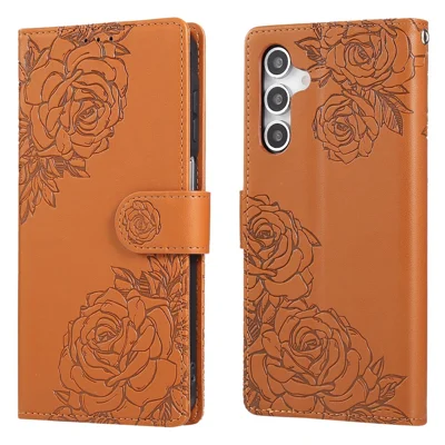 For Samsung Galaxy S25 / S24 Case Rose Flower PU Leather Wallet Phone Cover with 3 Card Slots - Brown