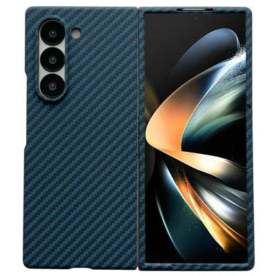 For Samsung Galaxy Z Fold4 5G Magnetic Case Carbon Fiber Texture PC Phone Cover with Screen Protector - Blue