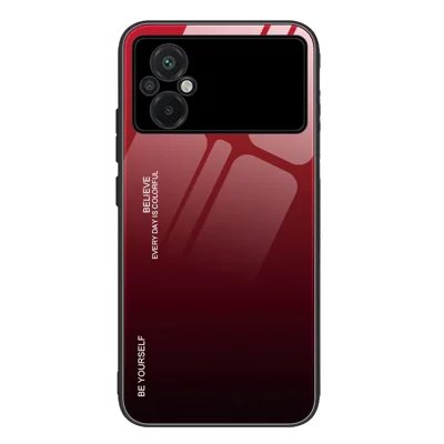 For Xiaomi Poco M5 4G Color Gradient Phone Case Soft TPU Border Tempered Glass+PC Back Cover Drop Resistant Cover - Red  /  Black