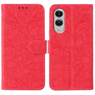 For Samsung Galaxy S25 Edge Case Lace Flowers PU Leather Flip Wallet Phone Cover - Red