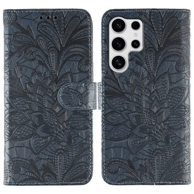 For Samsung Galaxy S24 Ultra Case Lace Flowers PU Leather Flip Wallet Phone Cover - Dark Blue