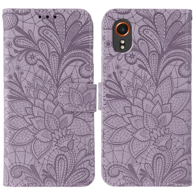 For Samsung Galaxy Xcover7 Case Lace Flowers PU Leather Flip Wallet Phone Cover - Purple