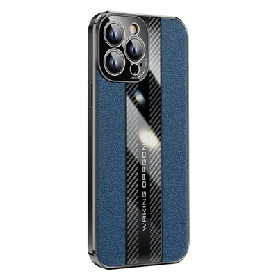 For iPhone 14 Pro Genuine Leather Coated TPU Phone Case Carbon Fiber Texture Camera Protection Anti-Fall Electroplating Cover - Blue