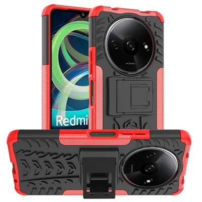 Bulk Purchasing For Xiaomi Redmi A3 4G / Poco C61 4G Case with Kickstand Tyre Pattern PC + TPU Phone Cover - Red