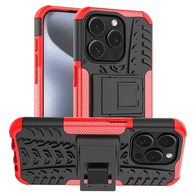 Bulk Purchasing For iPhone 15 Pro Case with Kickstand Tyre Pattern PC + TPU Phone Cover - Red
