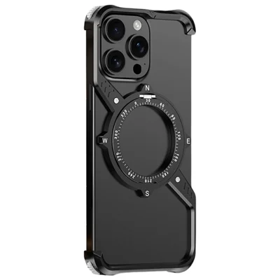For iPhone 15 Pro Max Magnetic Case with Kickstand Four Corner Airbag Heat Dissipation Metal Phone Cover - Black